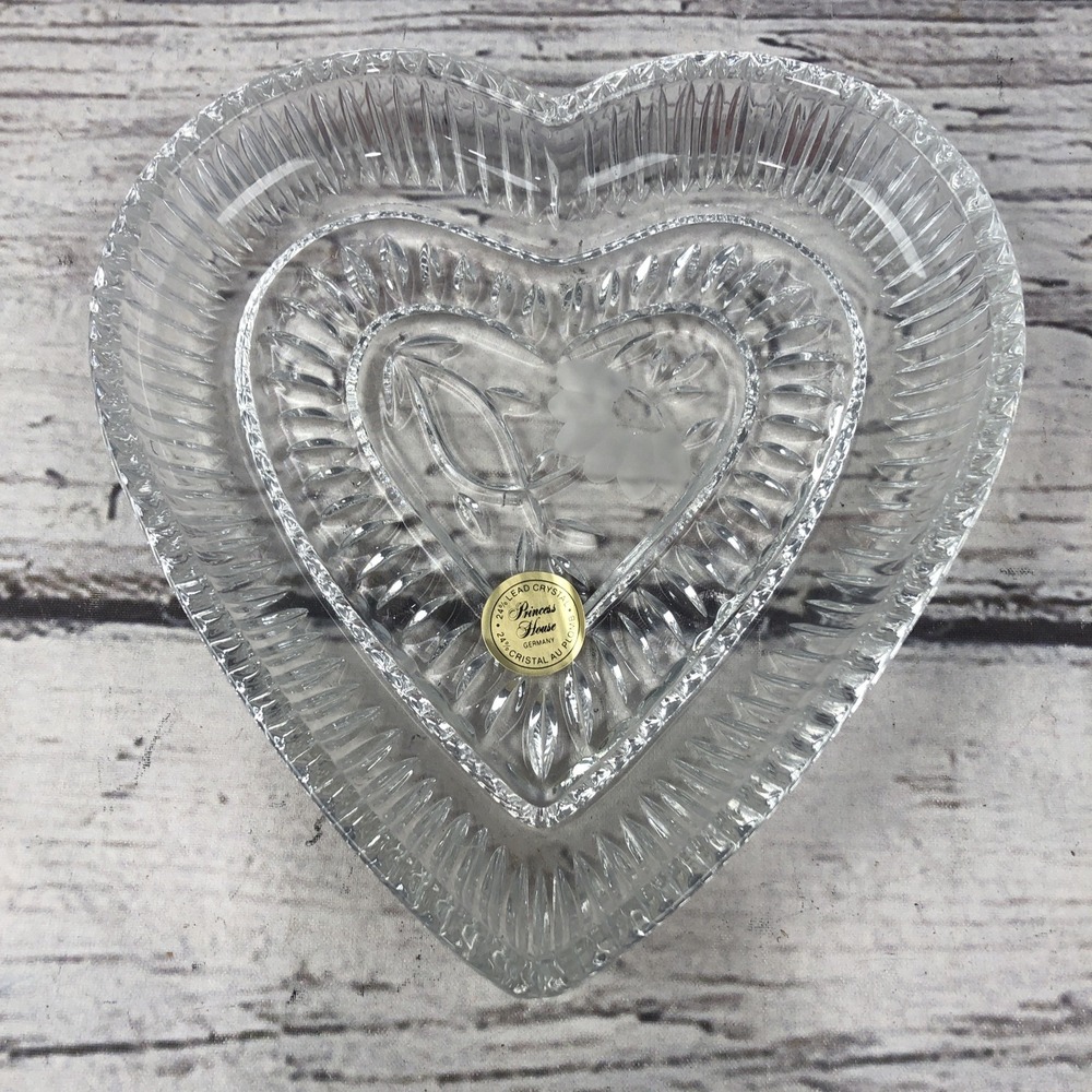 Princess House Crystal Vanity Tray Etched Heart Shaped Heritage Romance #861